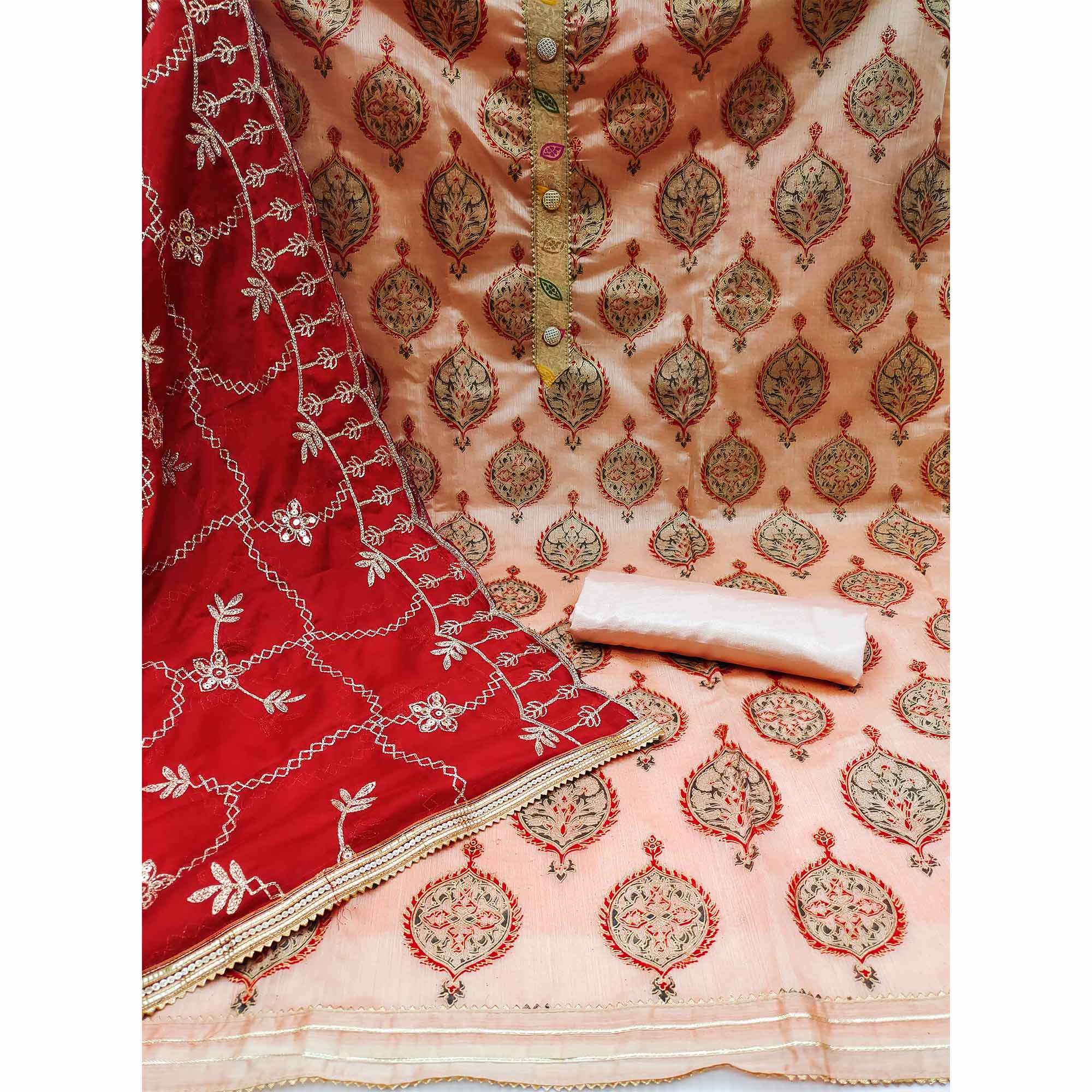 Peach Embroidered Chanderi Dress Material