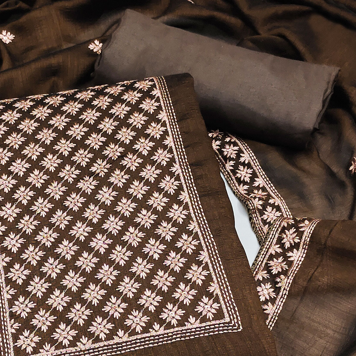 Coffee Brown Embroidered Modal Dress Material