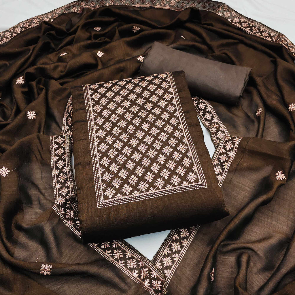 Coffee Brown Embroidered Modal Dress Material