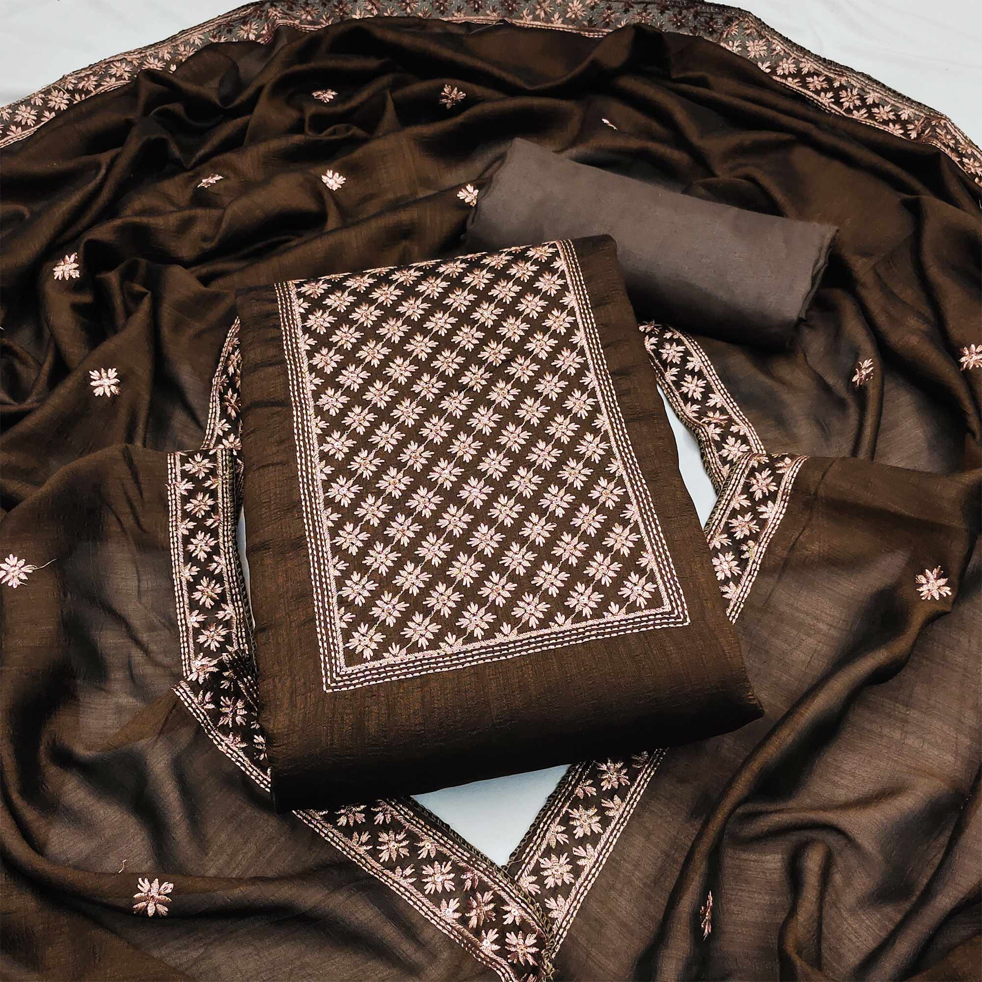 Coffee Brown Embroidered Modal Dress Material