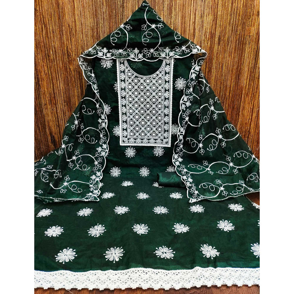 Bottle Green Floral Embroidered Chanderi Dress Material