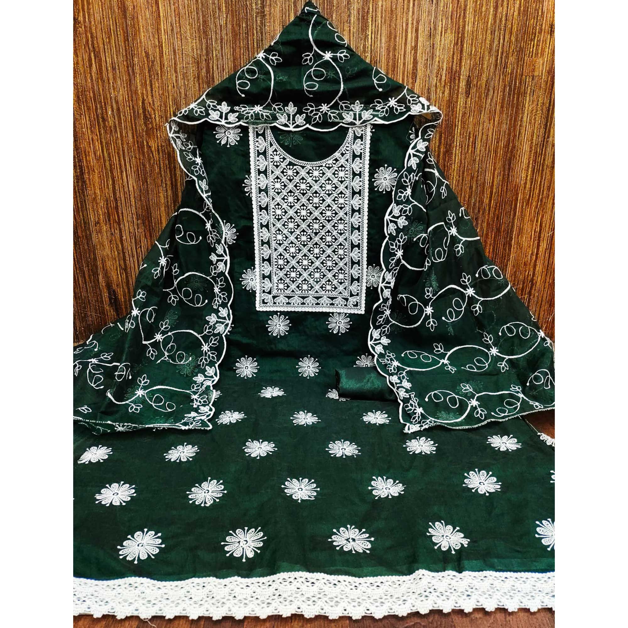 Bottle Green Floral Embroidered Chanderi Dress Material