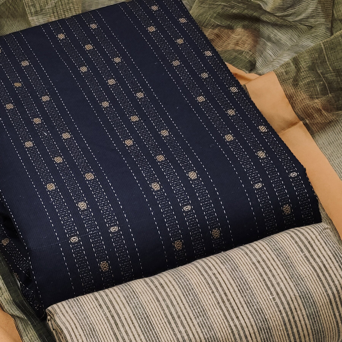 Navy Blue Woven Cotton Blend Dress Material