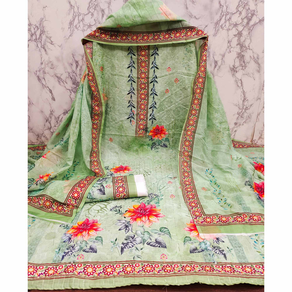 Green Floral Digital Printed Muslin Dress Material