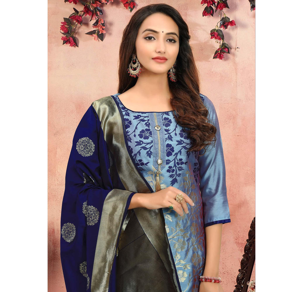 Flamboyant Blue Colored Festive Wear Woven Heavy Banarasi Silk Dress Material