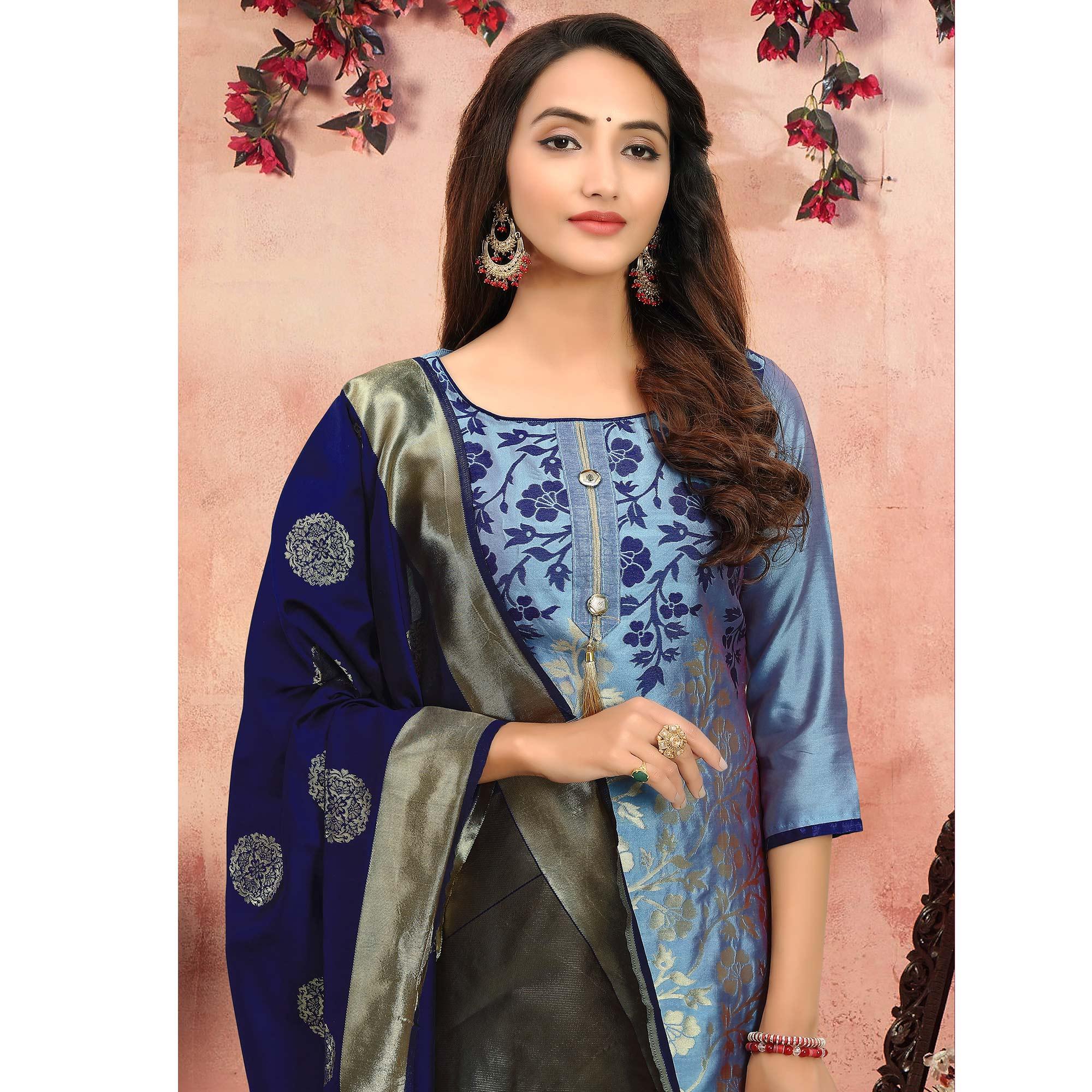Flamboyant Blue Colored Festive Wear Woven Heavy Banarasi Silk Dress Material