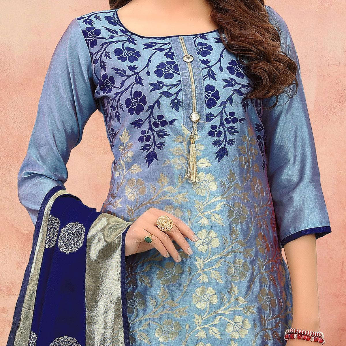 Flamboyant Blue Colored Festive Wear Woven Heavy Banarasi Silk Dress Material