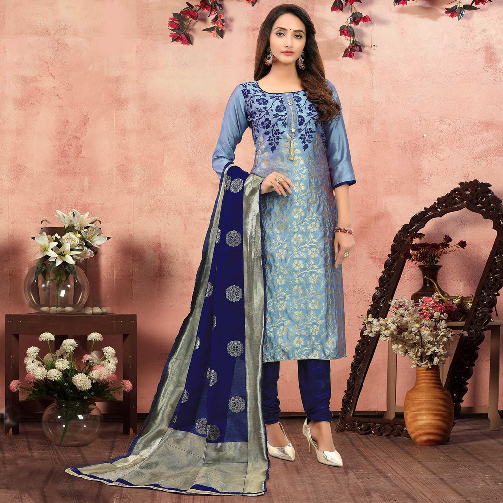 Flamboyant Blue Colored Festive Wear Woven Heavy Banarasi Silk Dress Material