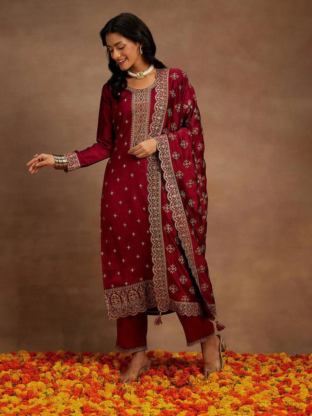 Fuchsia Embroidered Silk Blend Pakistani Suit