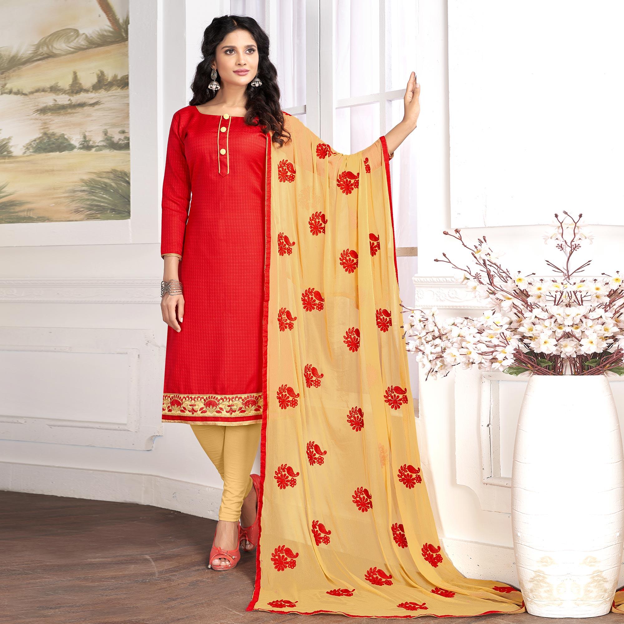 Gleaming Red Colored Partywear Embroidered Cotton Suit