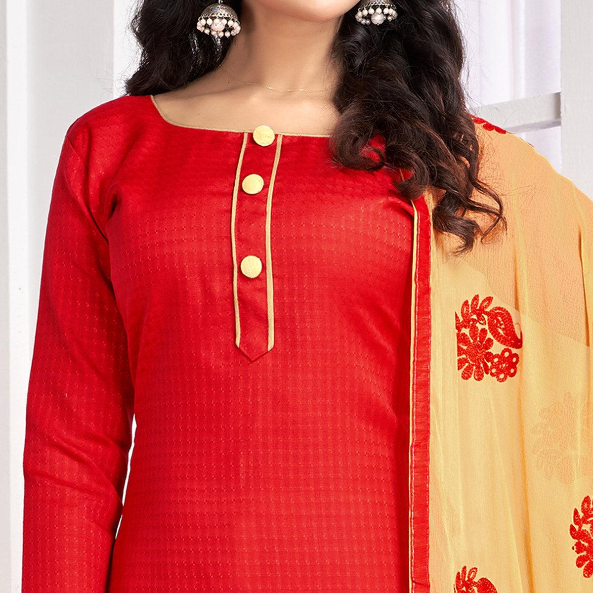 Gleaming Red Colored Partywear Embroidered Cotton Suit