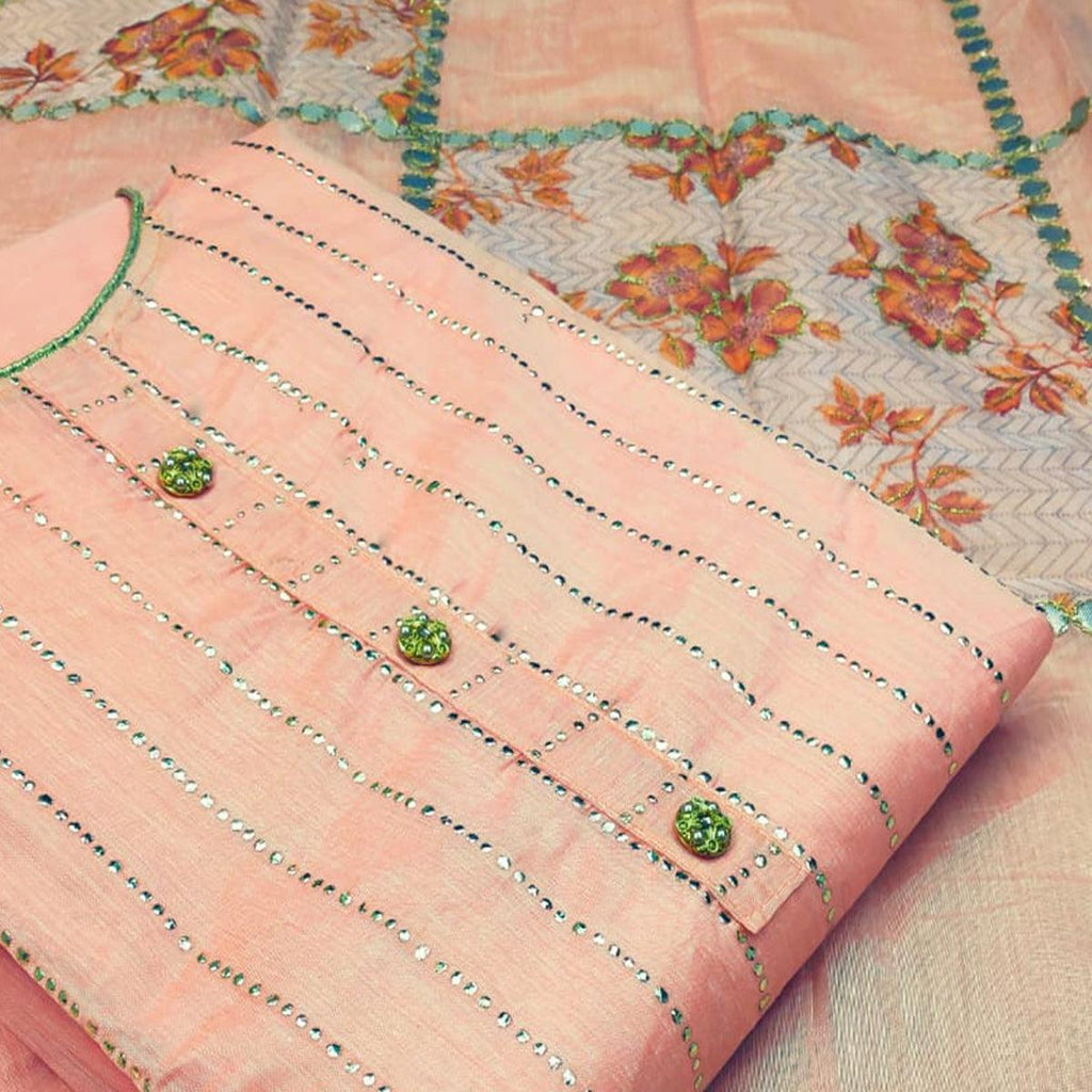 Glorious Peach Colored Casual Wear Embroidered Modal Silk Dress Material