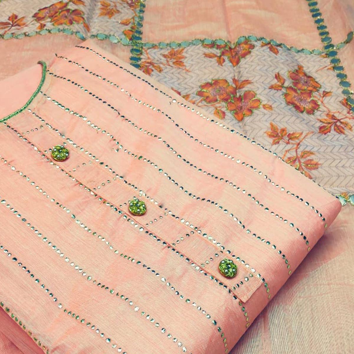Glorious Peach Colored Casual Wear Embroidered Modal Silk Dress Material