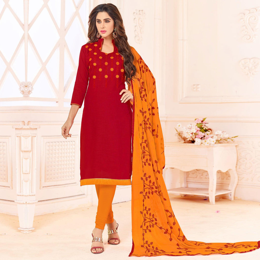 Glowing Red Colored Embroidered Cotton Dress Material