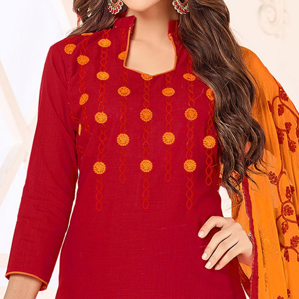 Glowing Red Colored Embroidered Cotton Dress Material