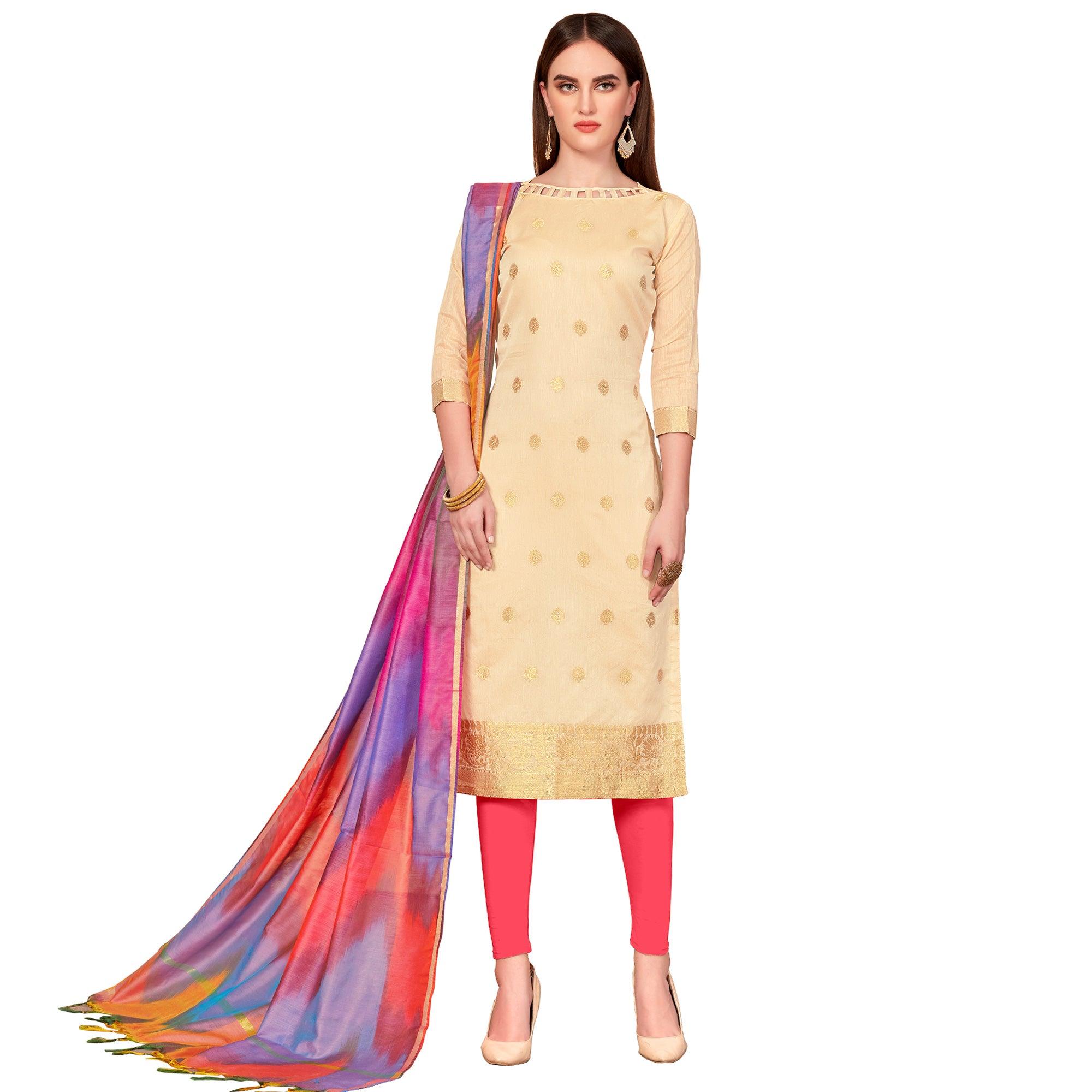 Gorgeous Cream Colored Casual Wear Woven Banarasi Silk Dress Material
