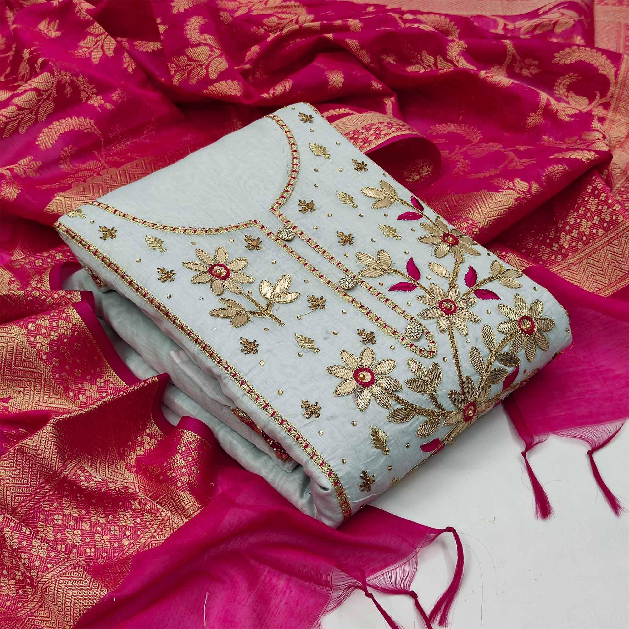 Gorgeous Light Blue Colored Casual Embroidered Modal Chanderi Dress Material