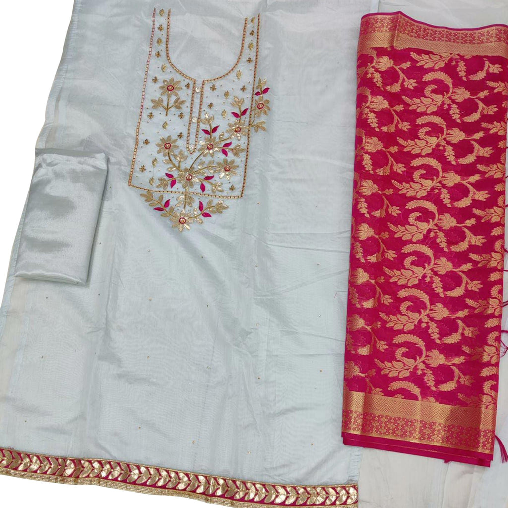 Gorgeous Light Blue Colored Casual Embroidered Modal Chanderi Dress Material