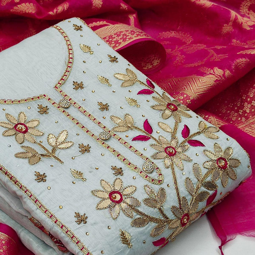 Gorgeous Light Blue Colored Casual Embroidered Modal Chanderi Dress Material