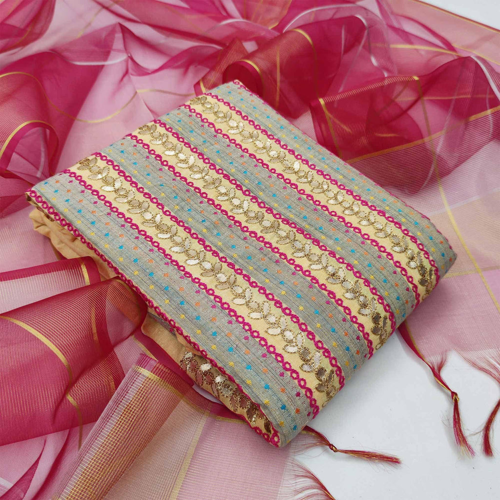 Graceful Beige Colored Casual Embroidered Cotton Dress Material