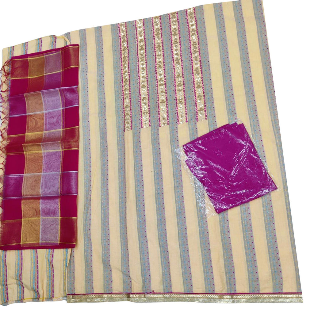 Graceful Beige Colored Casual Embroidered Cotton Dress Material