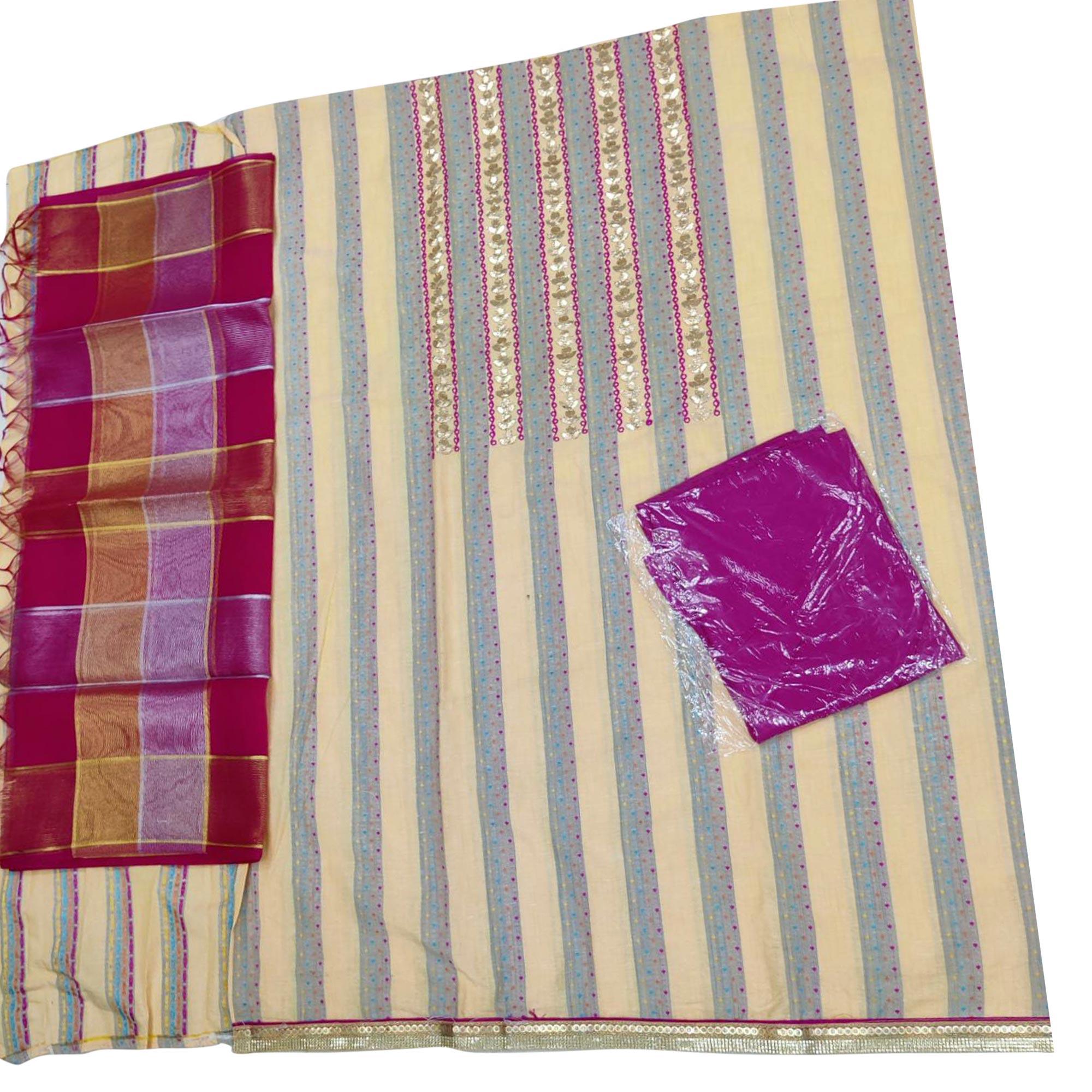 Graceful Beige Colored Casual Embroidered Cotton Dress Material