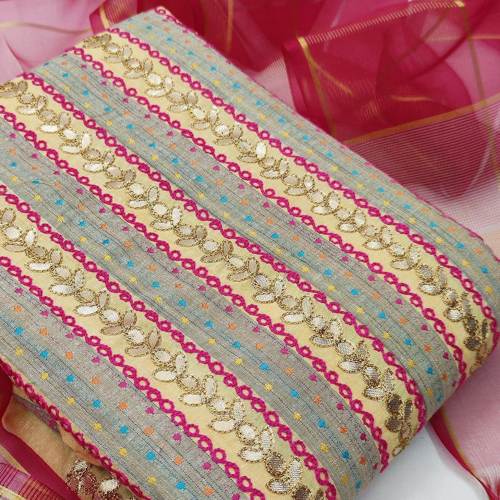 Graceful Beige Colored Casual Embroidered Cotton Dress Material