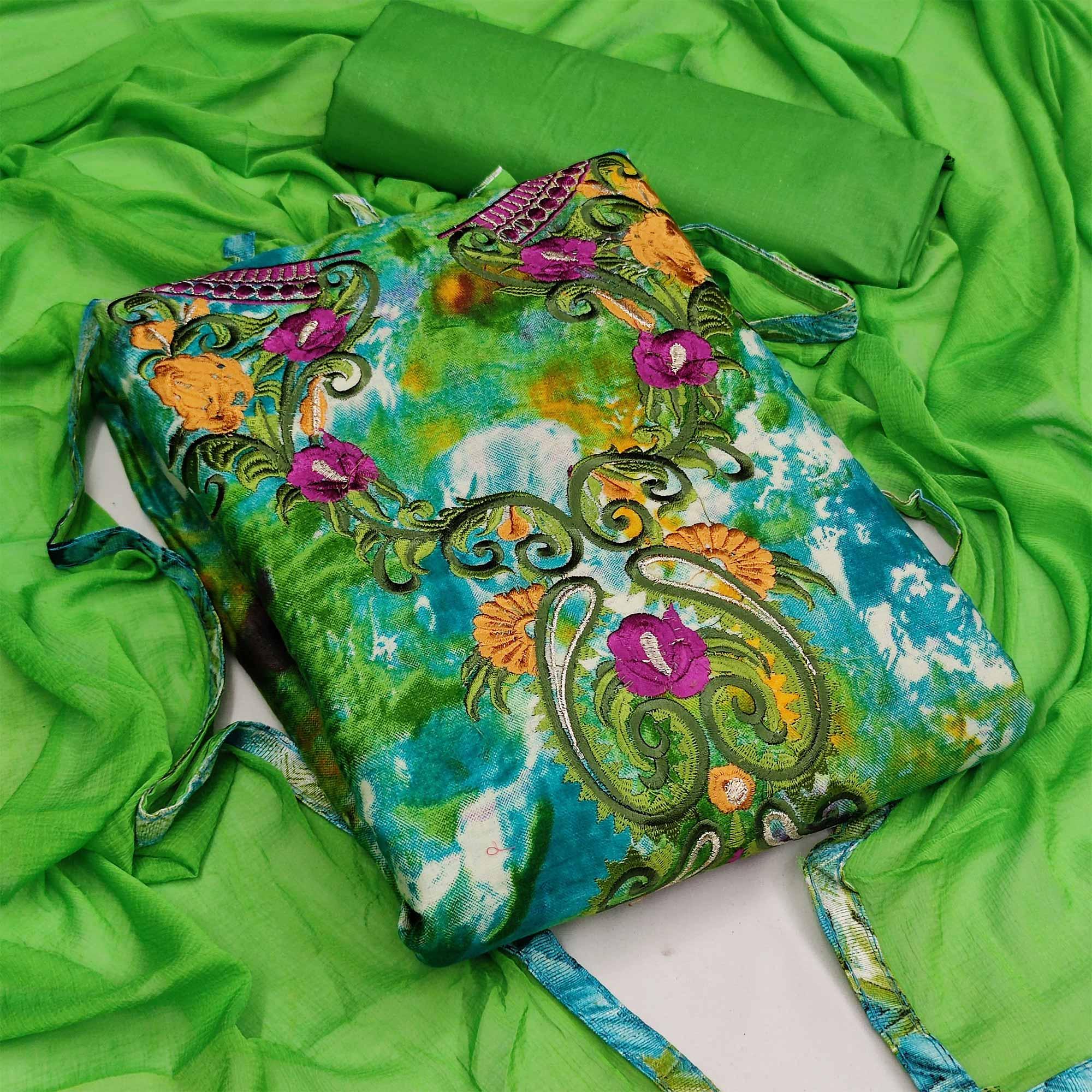 Green Casual Wear Embroidered Cotton Dress Material