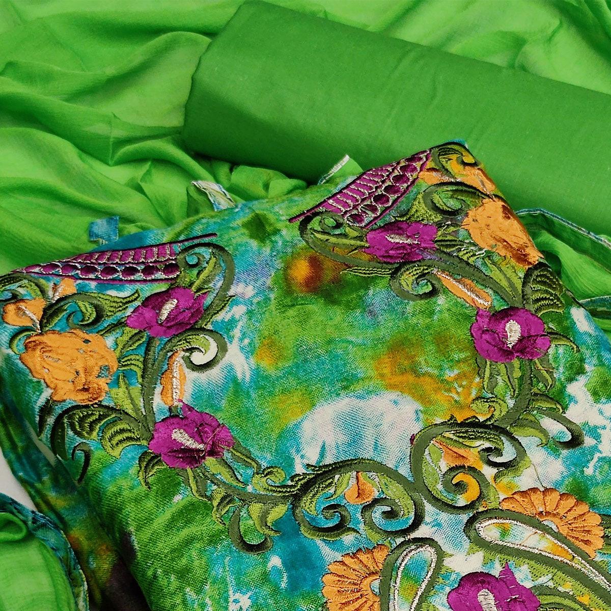 Green Casual Wear Embroidered Cotton Dress Material