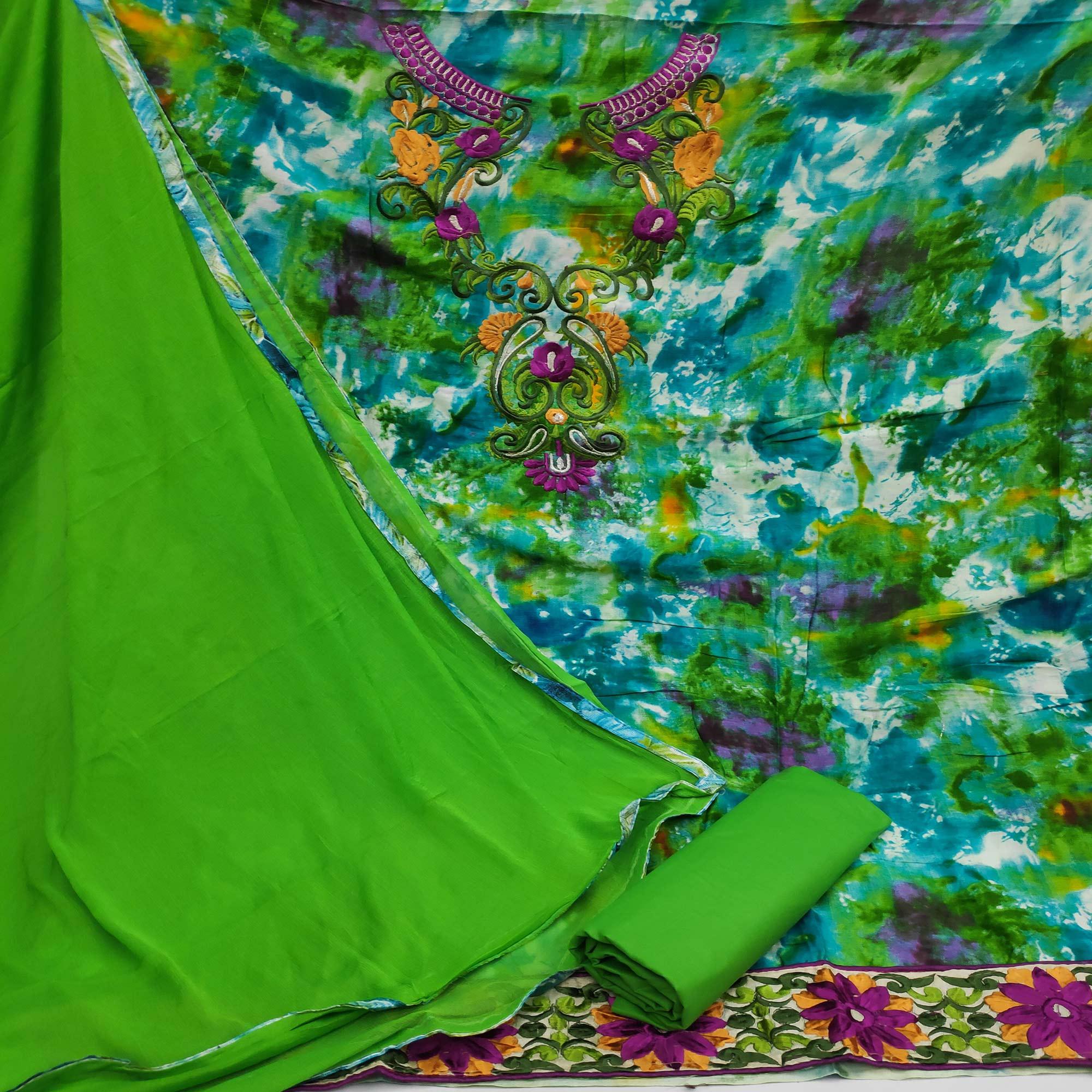 Green Casual Wear Embroidered Cotton Dress Material