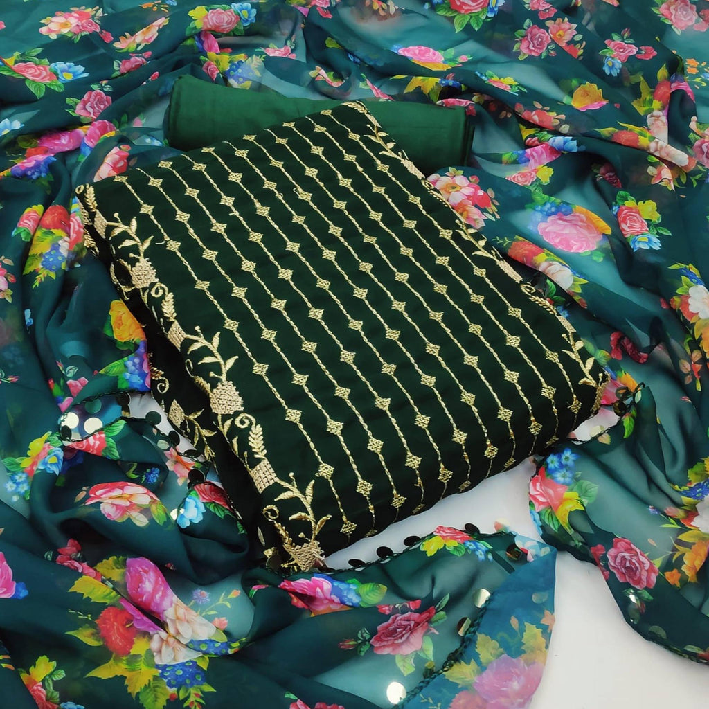 Green Casual Wear Embroidered Georgette Dress Material