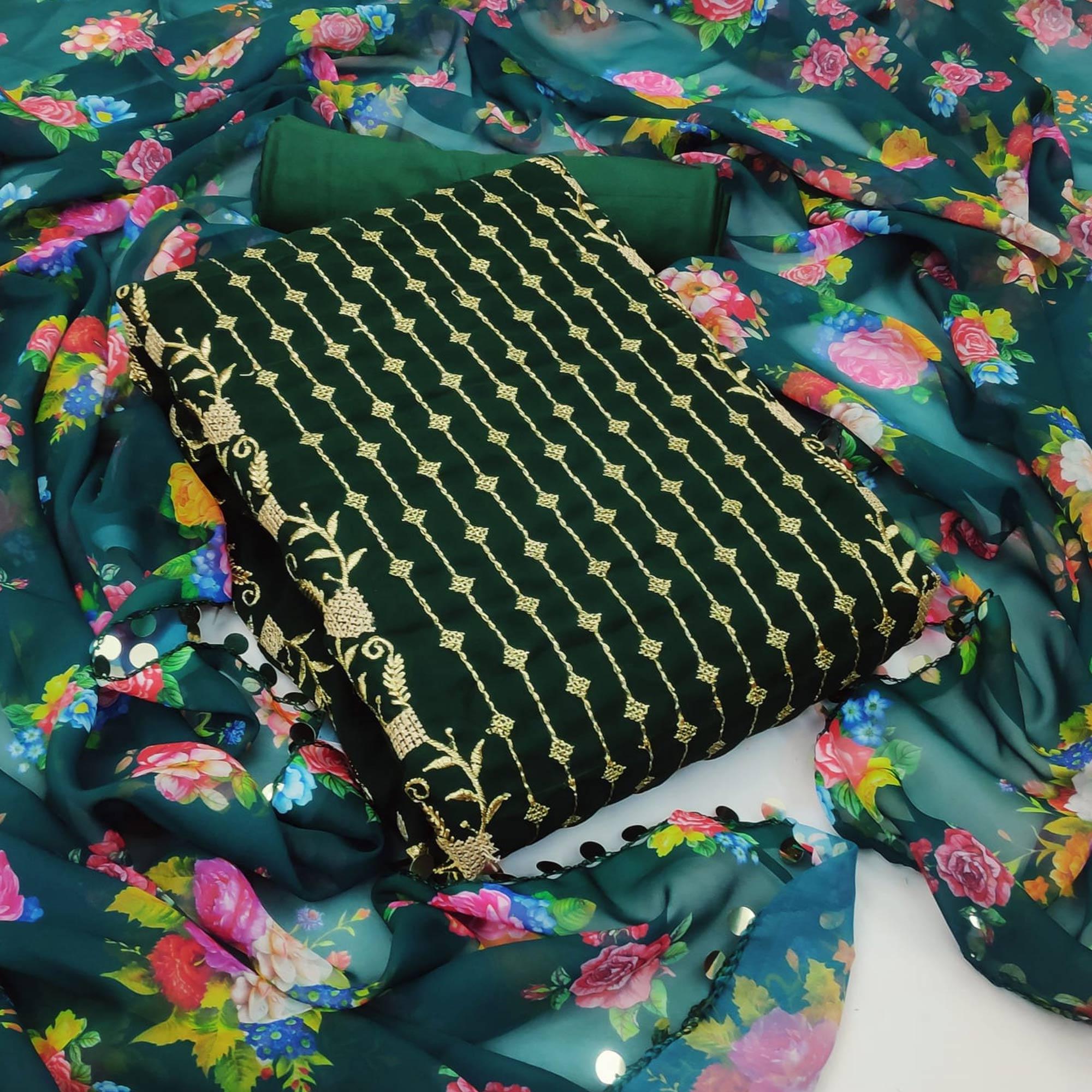 Green Casual Wear Embroidered Georgette Dress Material