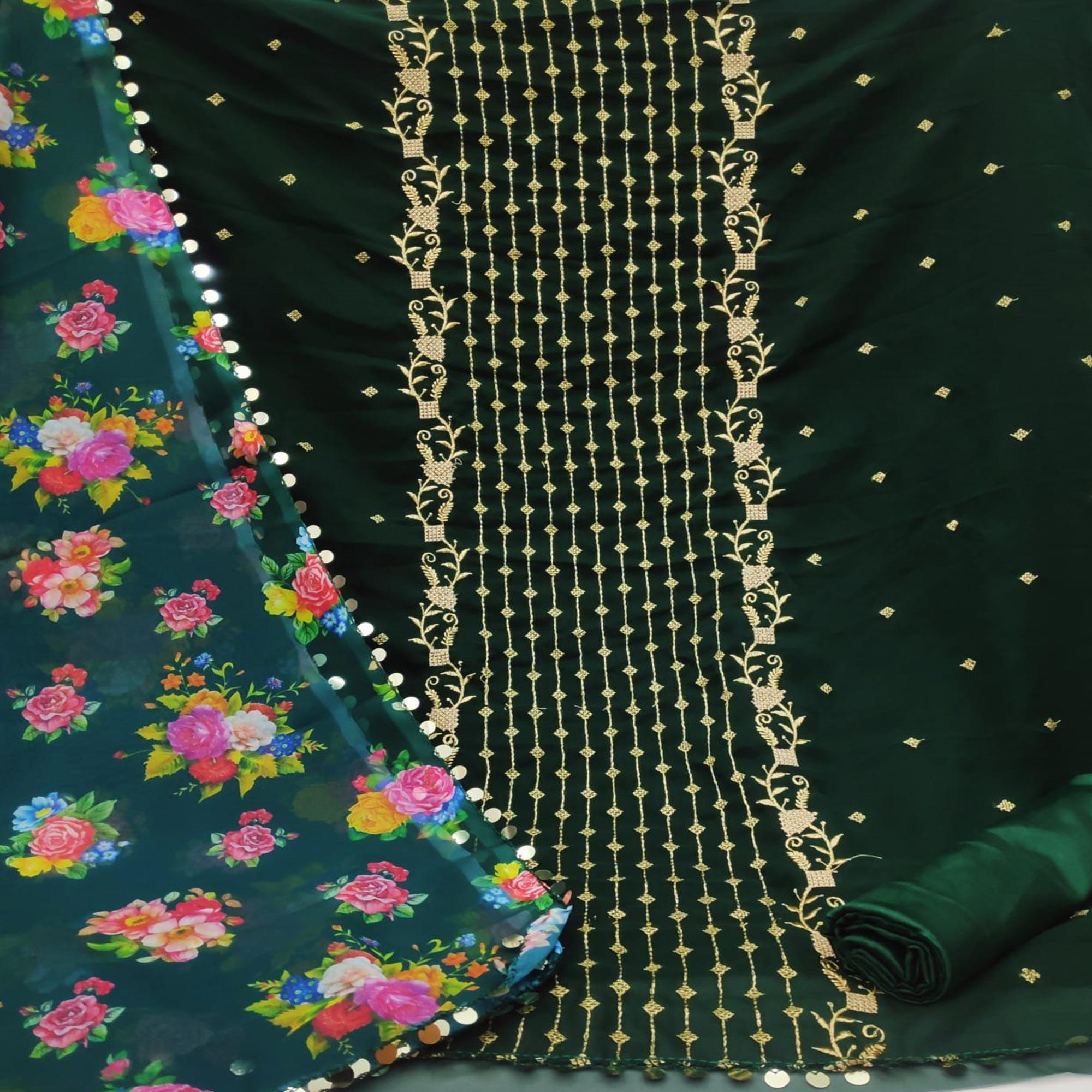 Green Casual Wear Embroidered Georgette Dress Material