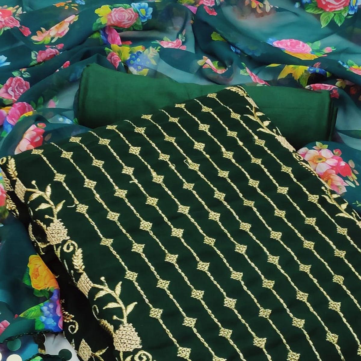 Green Casual Wear Embroidered Georgette Dress Material