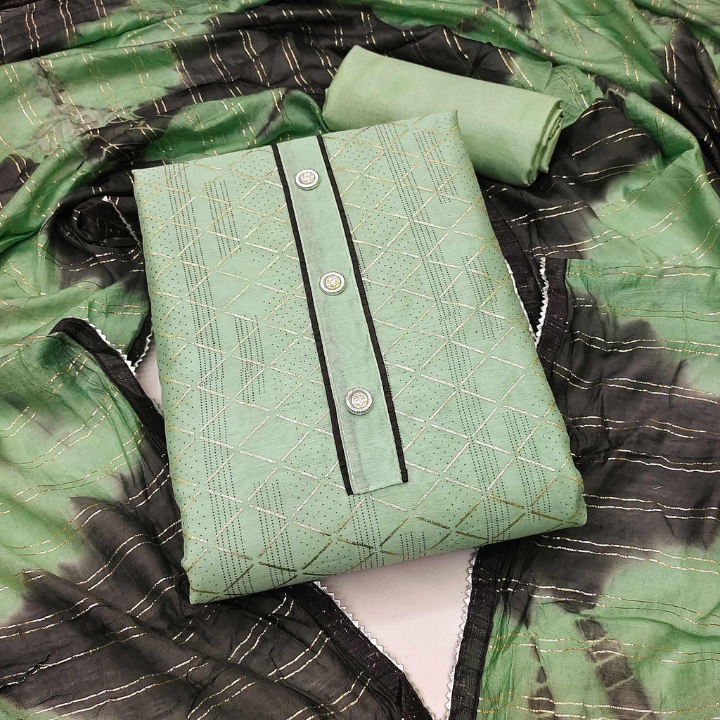 Green Checks Printed Chanderi Dress Material