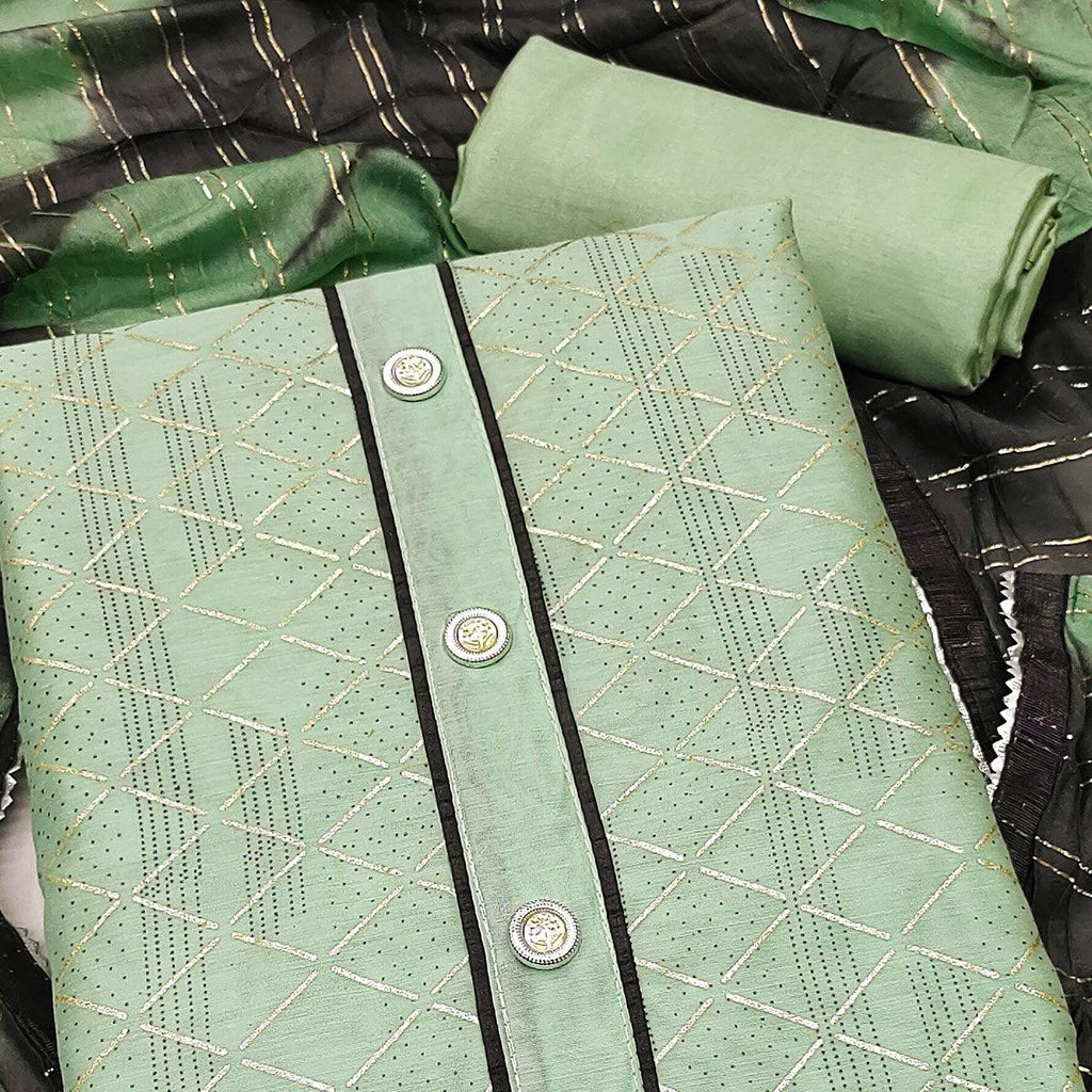 Green Checks Printed Chanderi Dress Material