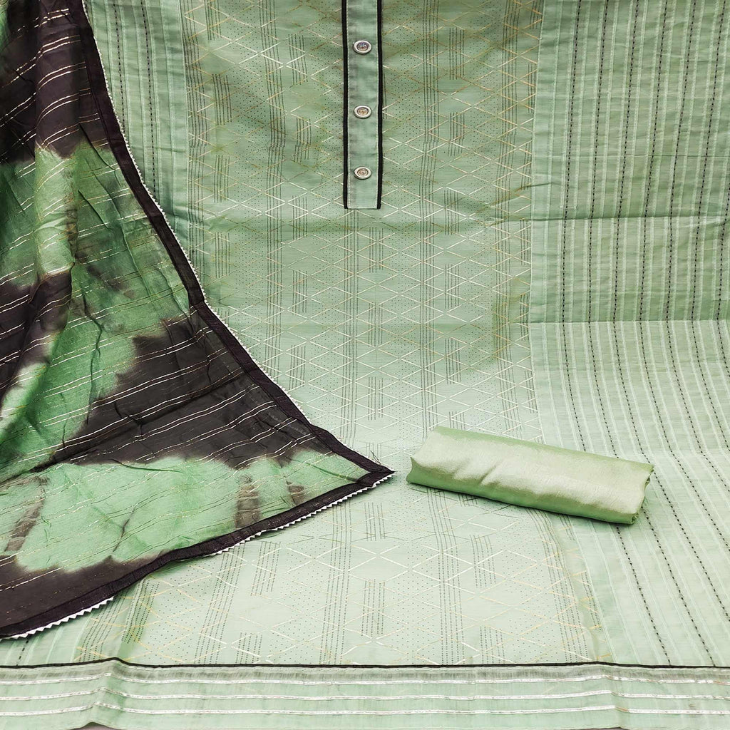 Green Checks Printed Chanderi Dress Material