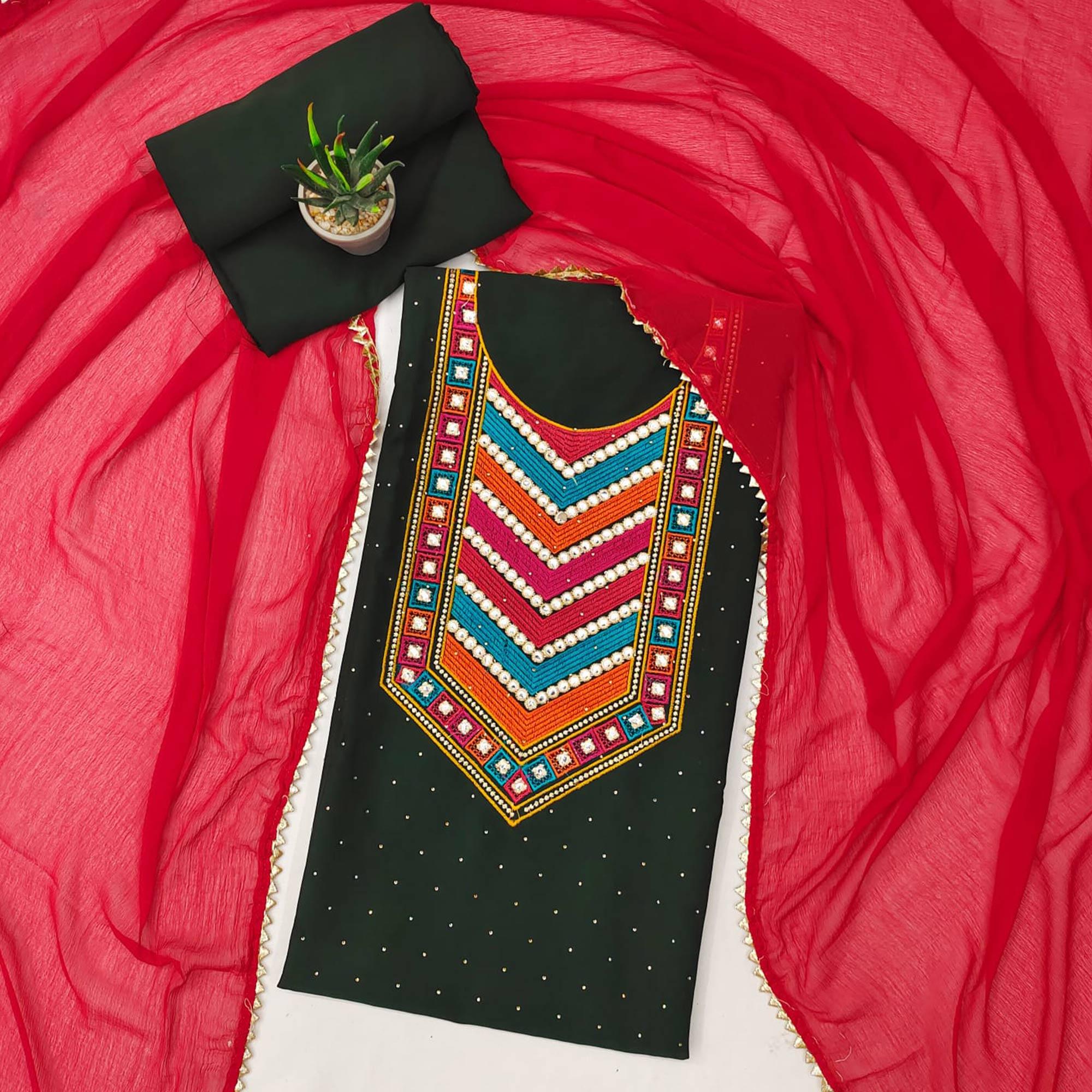 Green Embroidered Chanderi Dress Material