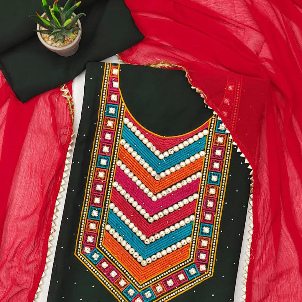 Green Embroidered Chanderi Dress Material