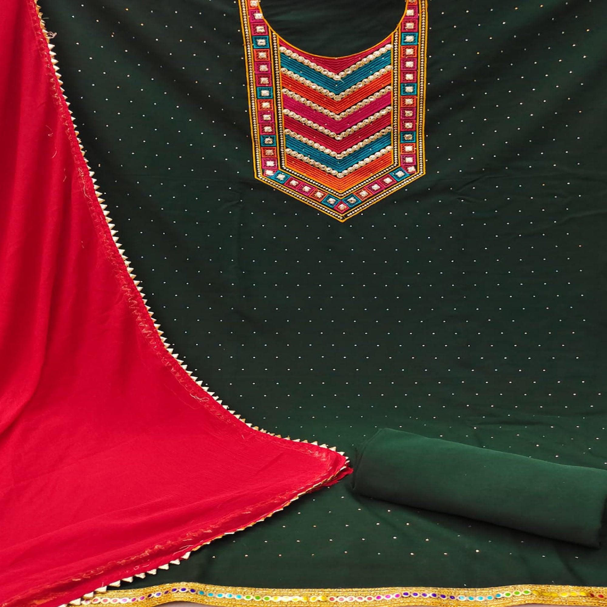 Green Embroidered Chanderi Dress Material