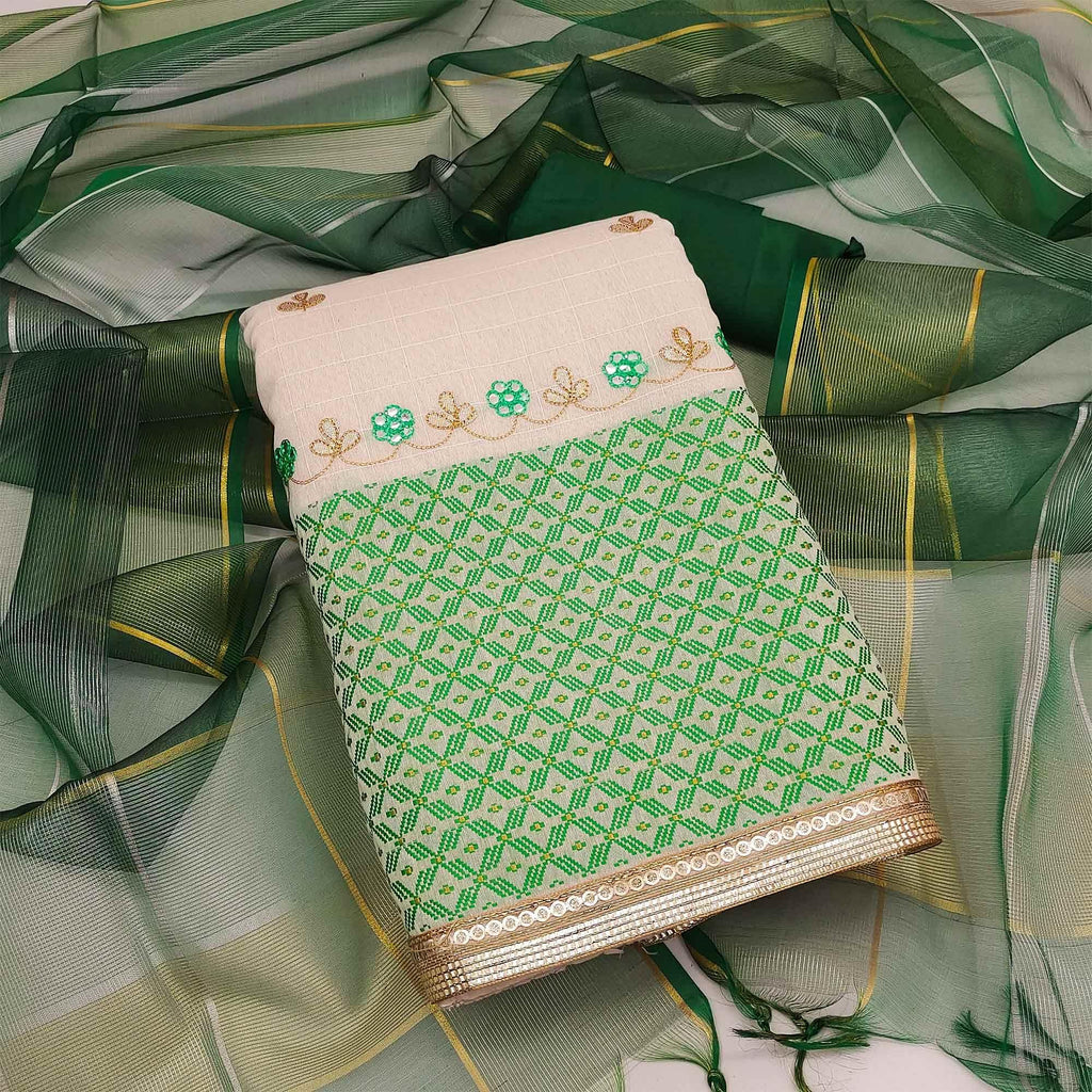 Green Embroidered Jacquard Dress Material