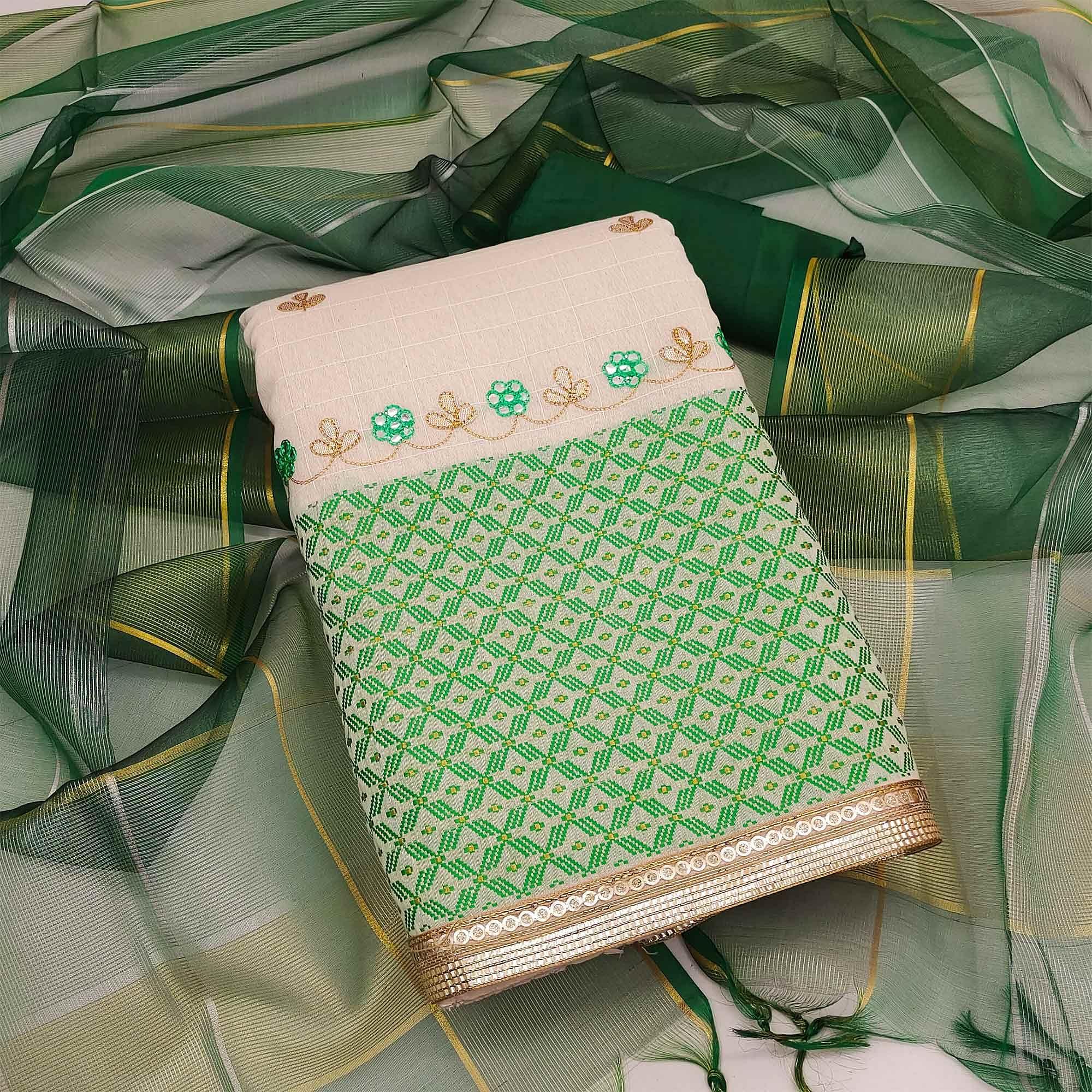 Green Embroidered Jacquard Dress Material