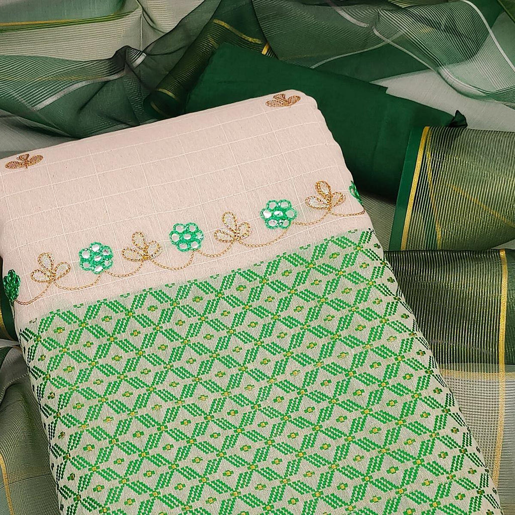Green Embroidered Jacquard Dress Material