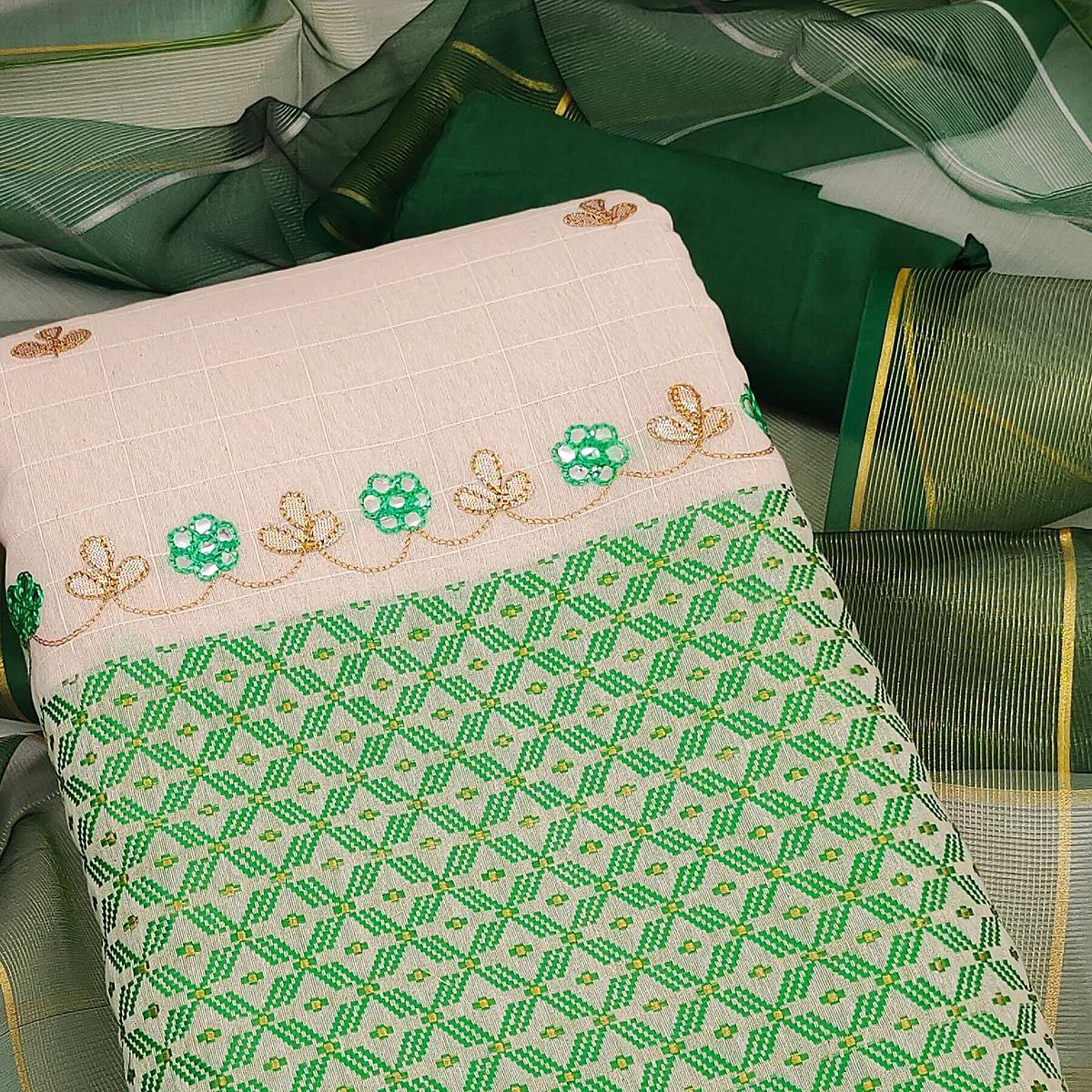 Green Embroidered Jacquard Dress Material