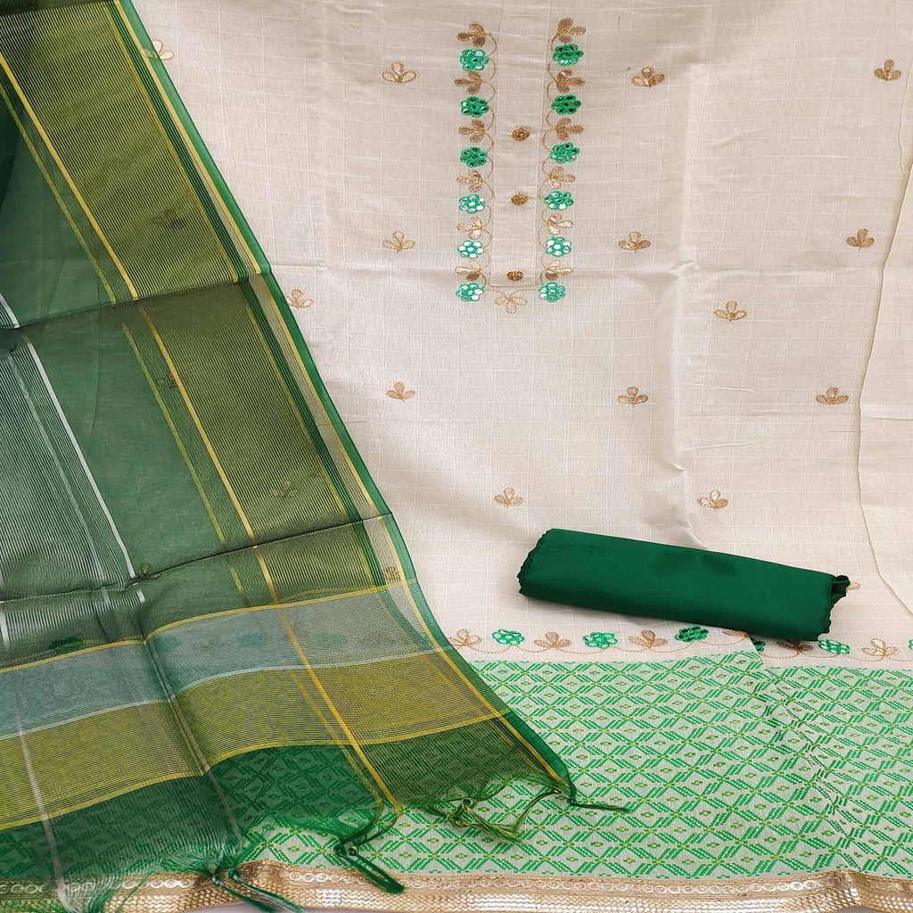 Green Embroidered Jacquard Dress Material