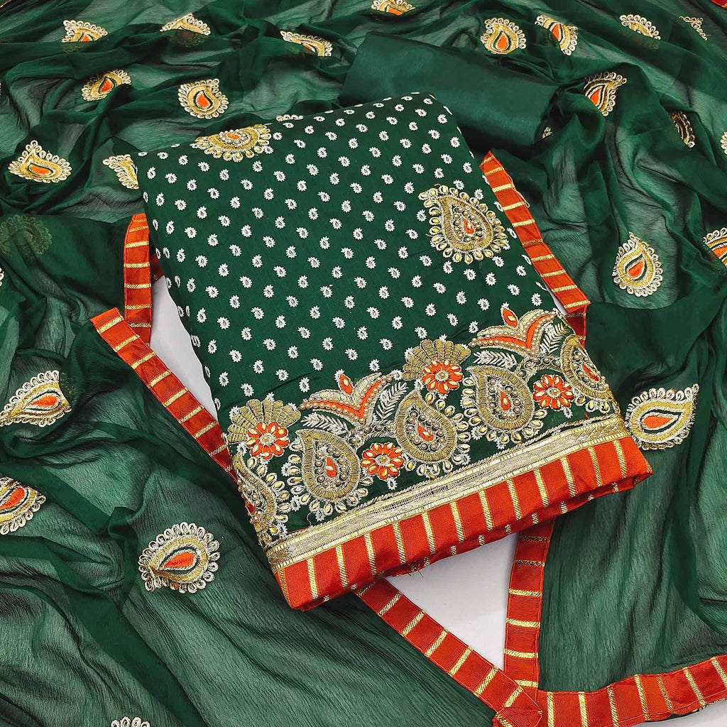 Green Embroidered With Embellished Chanderi Dress Material