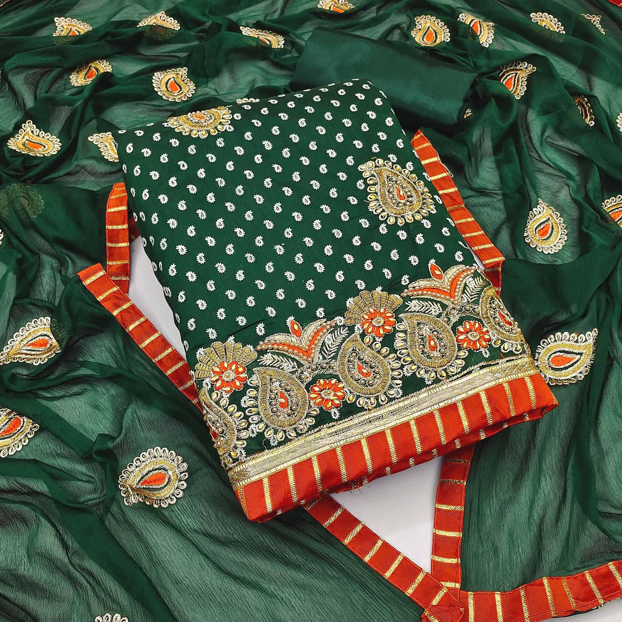 Green Embroidered With Embellished Chanderi Dress Material