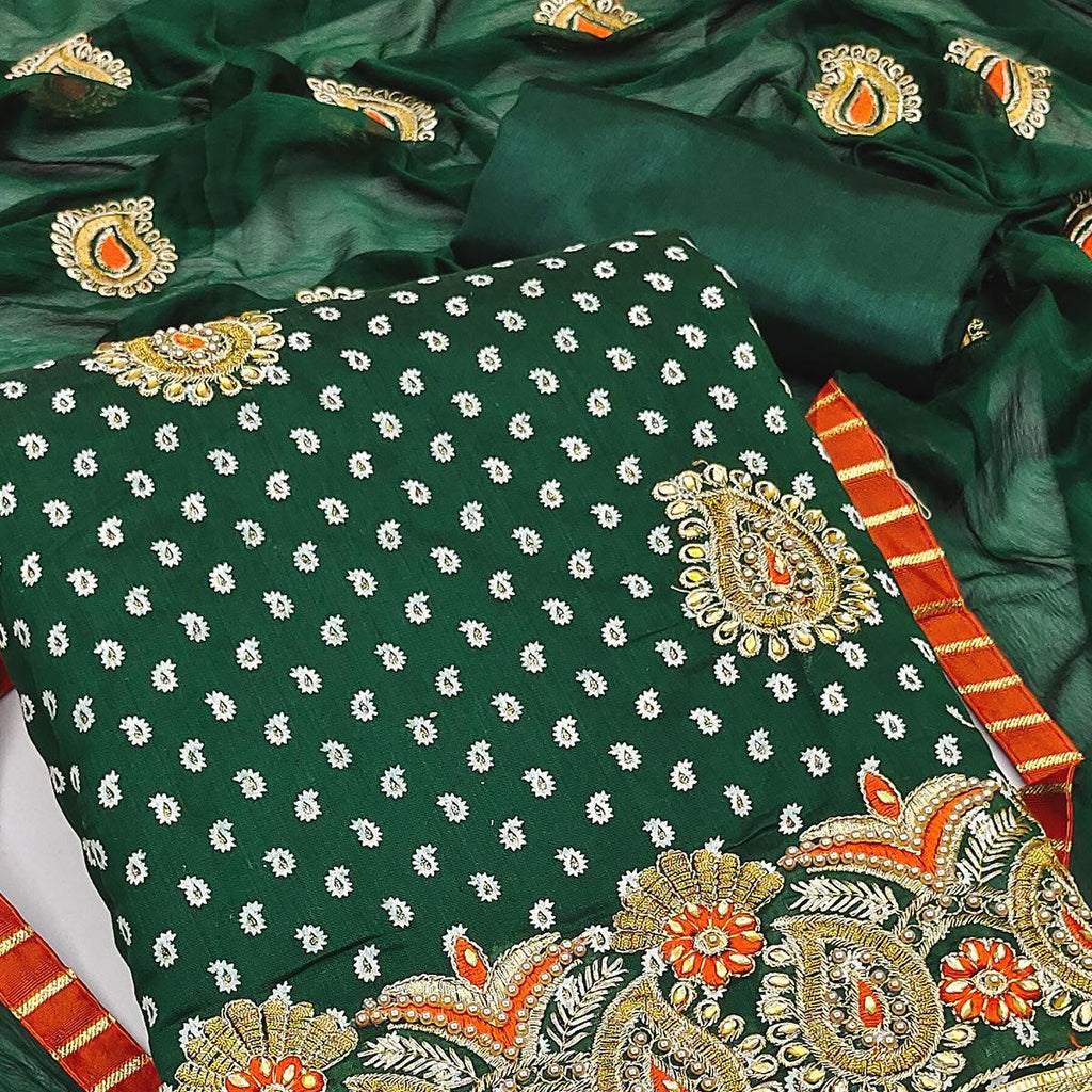 Green Embroidered With Embellished Chanderi Dress Material