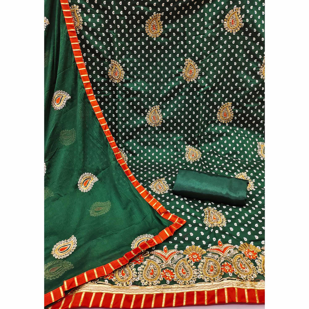 Green Embroidered With Embellished Chanderi Dress Material