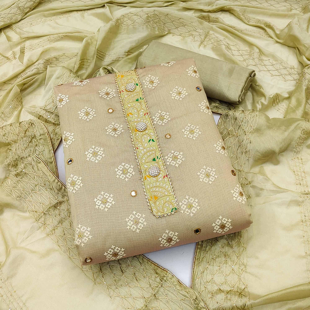 Green Embroidered With Mirror Work Chanderi Dress Material